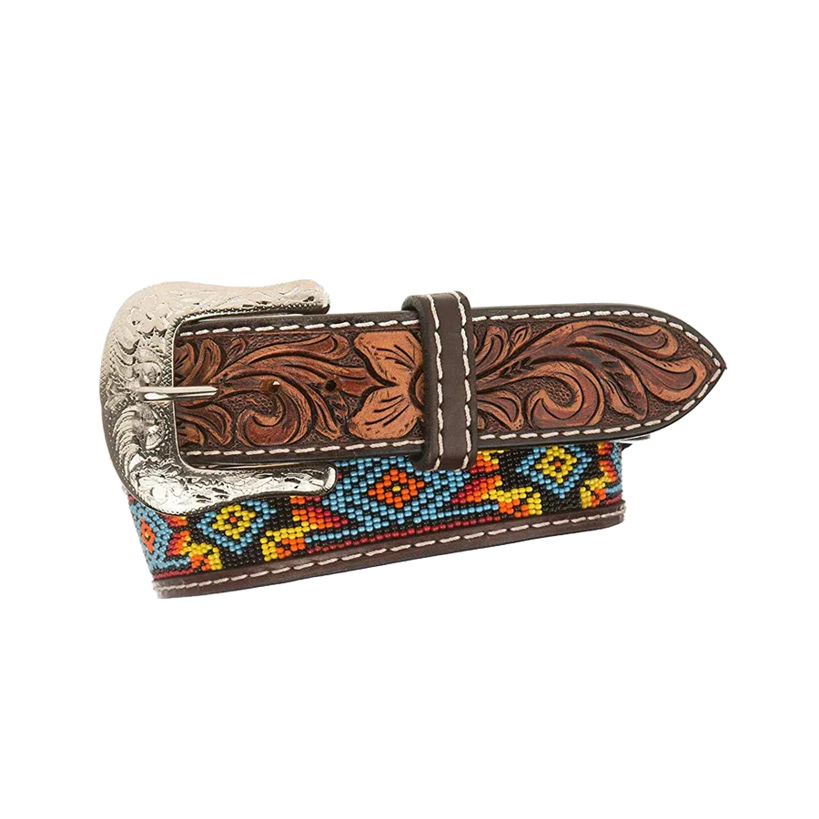 Men's Floral Embossed Beaded Brown Leather Belt