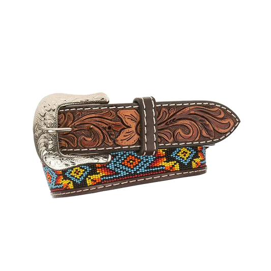 Men's Floral Embossed Beaded Brown Leather Belt