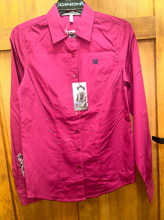 Burgundy Cinch Long Sleeve Button Up