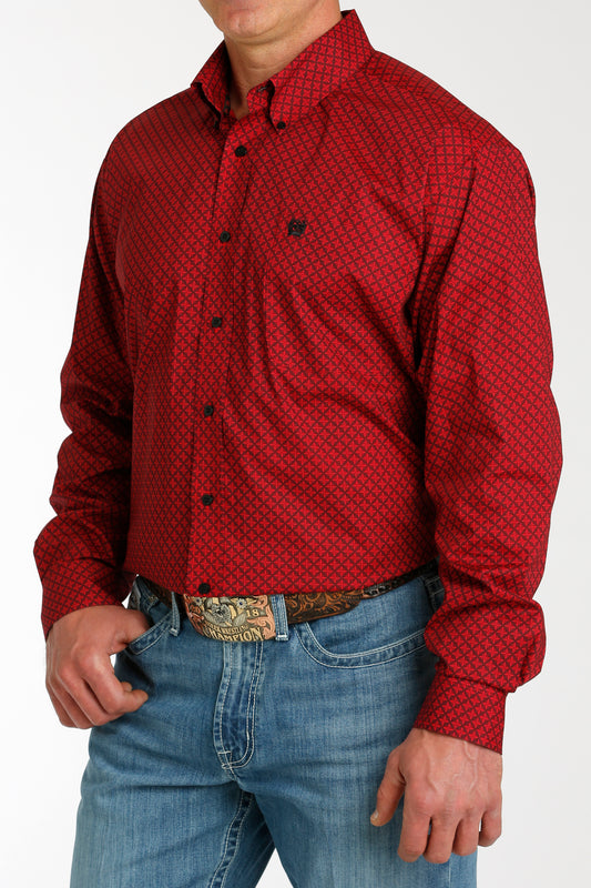 Men’s Long Sleeve Black and Red Geometric Print Stretch Fit Button Up