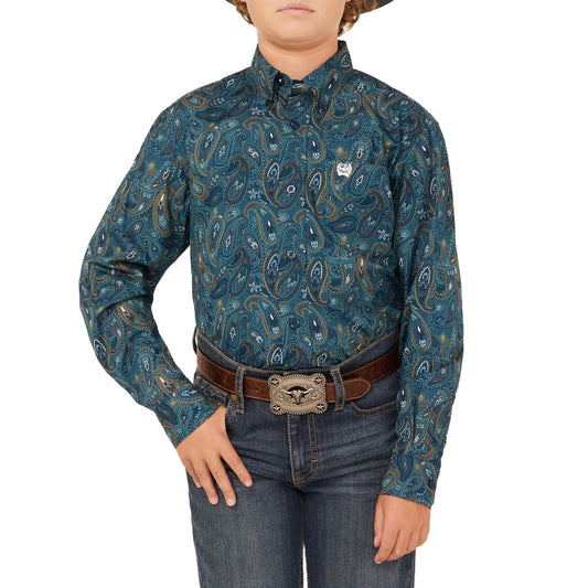 Boy's Blue Paisley Print Button Down Western Shirt