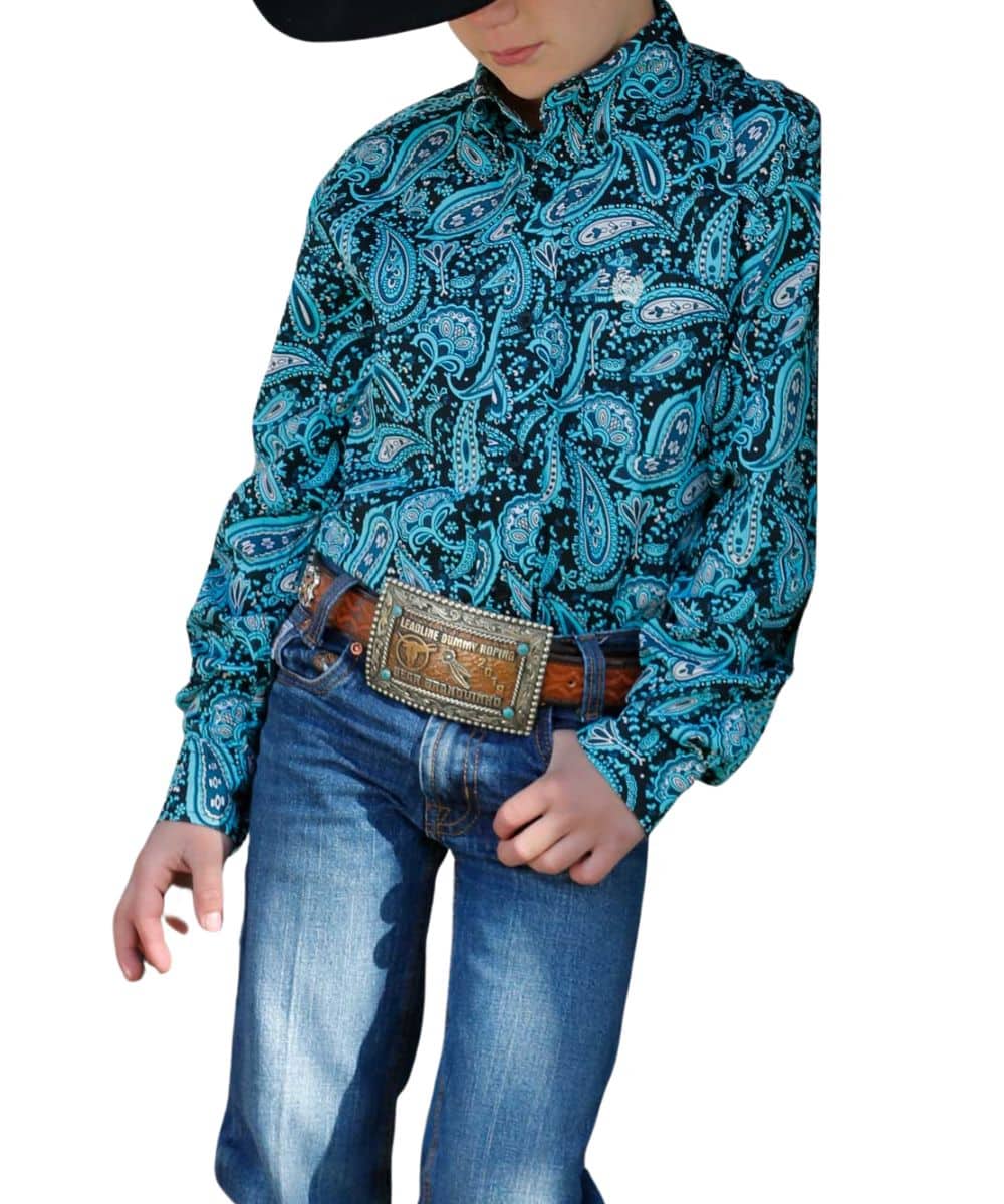 Cinch Boys' Button Down Shirt- Blue/Black Paisley