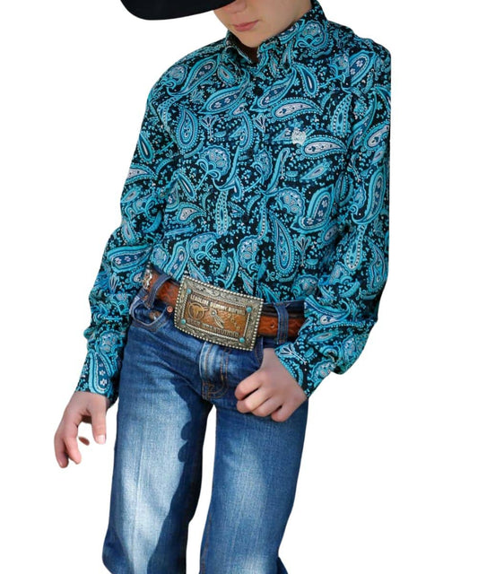 Cinch Boys' Button Down Shirt- Blue/Black Paisley