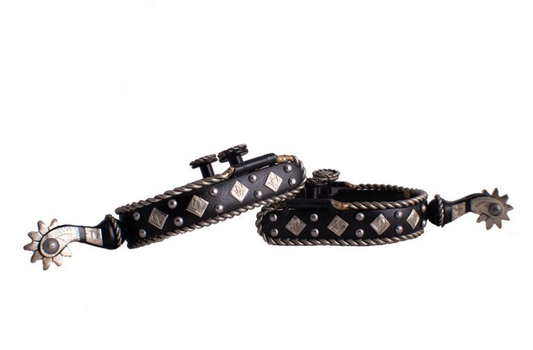 Black steel spur with a silver rope border and silver engraved diamond accents