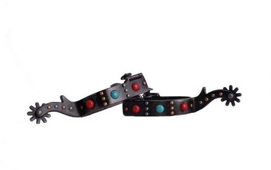 Antique gray steel spur with red and teal marble studs