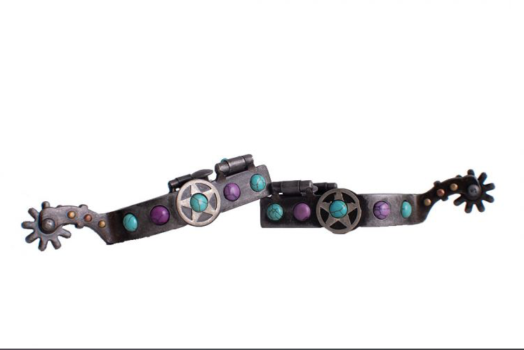 Antique gray steel spur with purple and teal marble studs