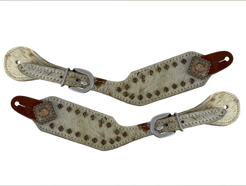 Ladies Tooled Leather Spur Straps - Indian Head Conchos