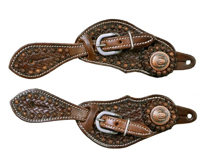 Youth size basket weave tooled spur straps with copper accents (pistol conchos)