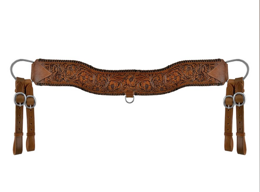 Floral Tooled Medium Leather Tripping Collar with Black Whipstitching