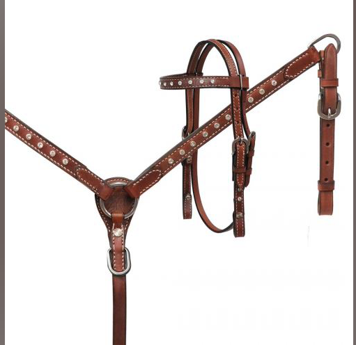 Mini Size Medium leather headstall and breast collar set with crystal rhinestone studs