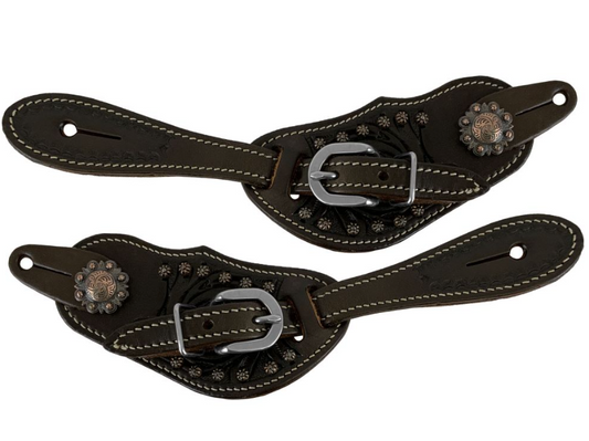 Ladies Tooled Leather Spur Straps - Copper Berry Conchos