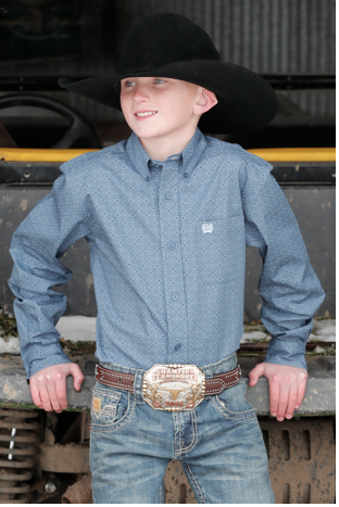 Boys Blue Long Sleeve Patterned Button Up