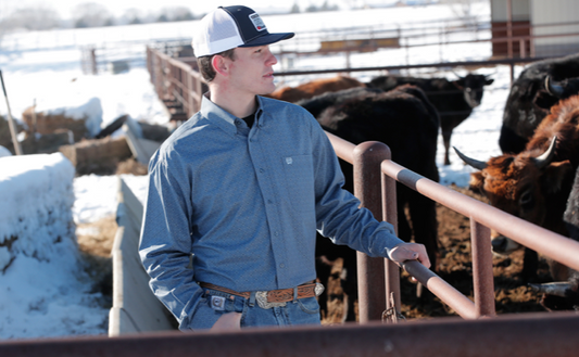 Mens Blue Long Sleeve Patterned Button Up