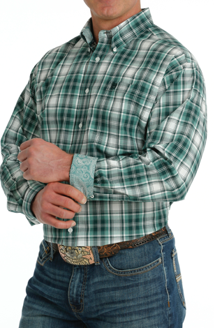 Mens Cinch Green & White Plaid Button Up