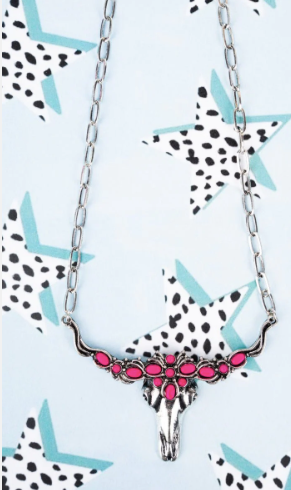 South Prairie Pink Steer Silvertone Necklace