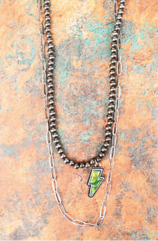 Iridescent Turquoise Lightning Bolt Silvertone Layered Necklace