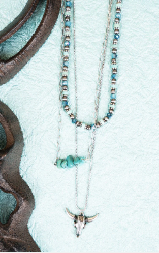 Turquoise Silvia Steer Skull Silvertone Layered Necklace