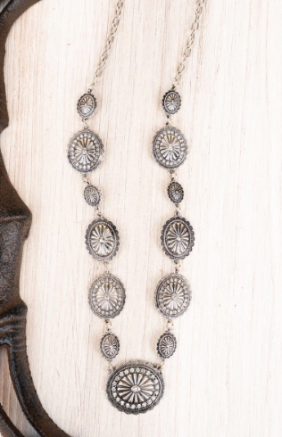 Crystal and Silvertone Littleton Concho Necklace