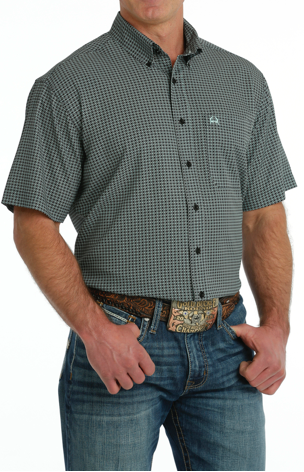 Men's Short Sleeve Green and Black Button Up