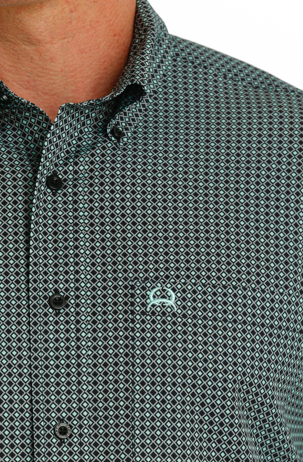 Men's Short Sleeve Green and Black Button Up