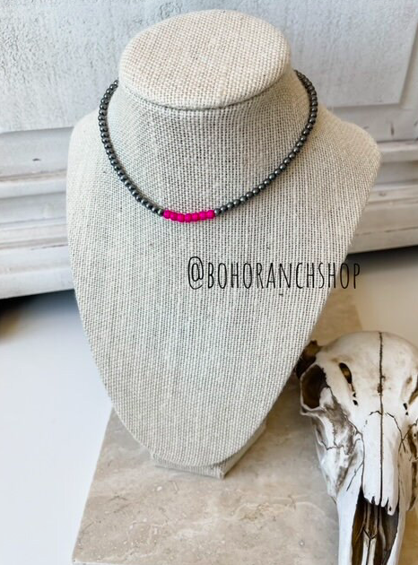 Western Navajo Bead Choker Necklace- Fuchsia