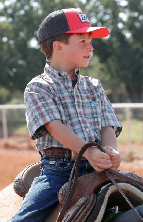 Cinch Boy's Plaid Short Sleeve Button Up- CREAM / CHARCOAL / RED