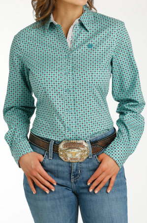 Cinch Ladies Long Sleeve Teal & Red Button Up