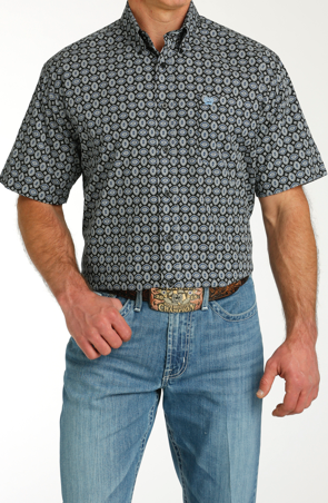 Mens Cinch Short Sleeve Button Up-Black Printed