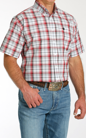 Mens Cinch Short Sleeve Button Up- Red&White Plaid