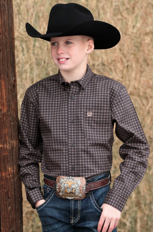 Boys Button Down Brown Print