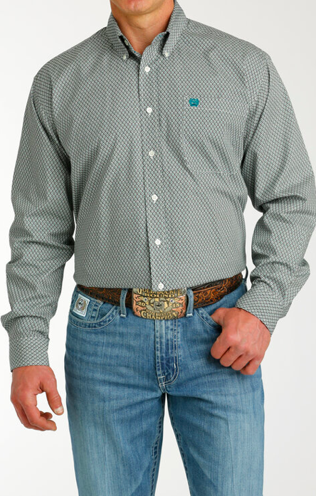 Mens Cinch Cream and Teal Printed Button Up