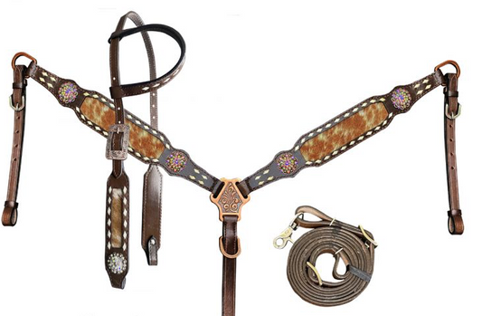Brown and White hair on cowhide One Ear Headstall and Breast Collar Set, with rawhide lacing