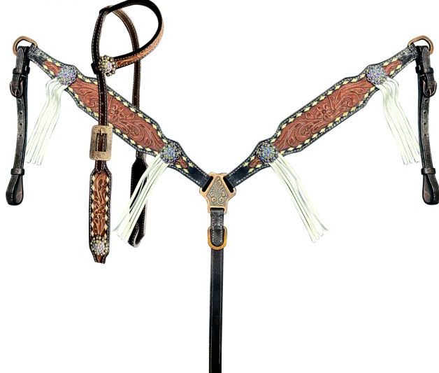 Two-Tone Tooled Single Ear Headstall and Breast Collar Set with rawhide lacing and fringe accents