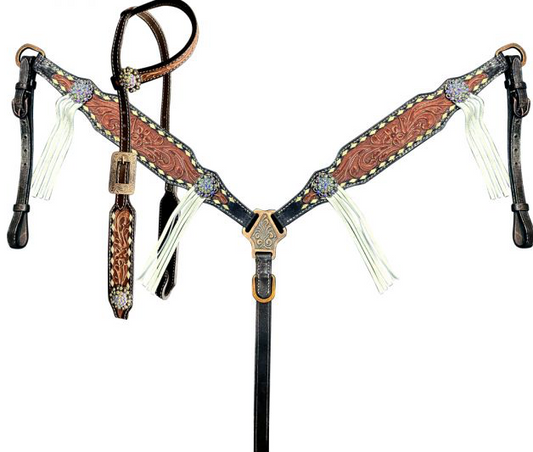 Two-Tone Tooled Single Ear Headstall and Breast Collar Set with rawhide lacing and fringe accents