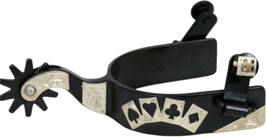 Men's size black steel silver show spur with silver 4 card design