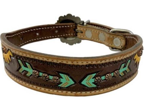 Couture Hand Painted Sunflower and Arrow leather dog collar with copper buckle
