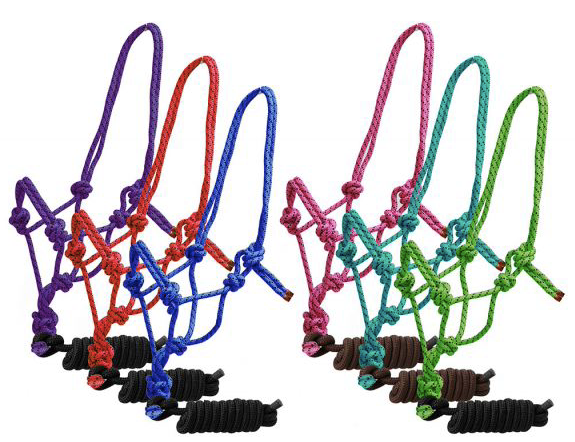 Horse size braided nylon cowboy knot rope halter with removable 7.5 ft lead