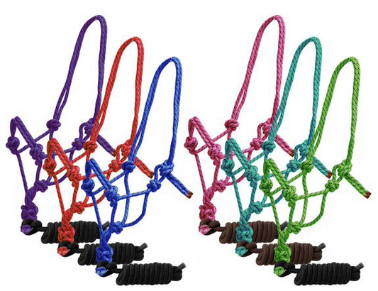 Horse size braided nylon cowboy knot rope halter with removable 7.5 ft lead