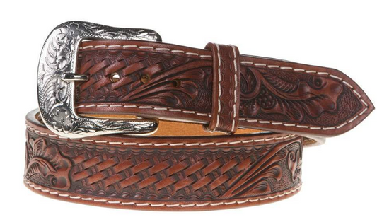 Twisted X Belt Leather Chestnut Basketweave Floral with Tooling