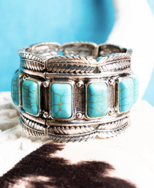 TIPI Turquoise Silvertone Feather Stretch Bracelet