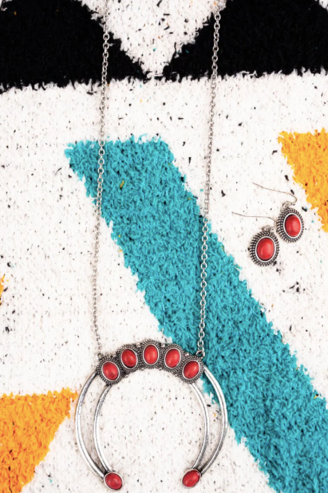 Coral Whistling Arch Silvertone Necklace and Earring Set