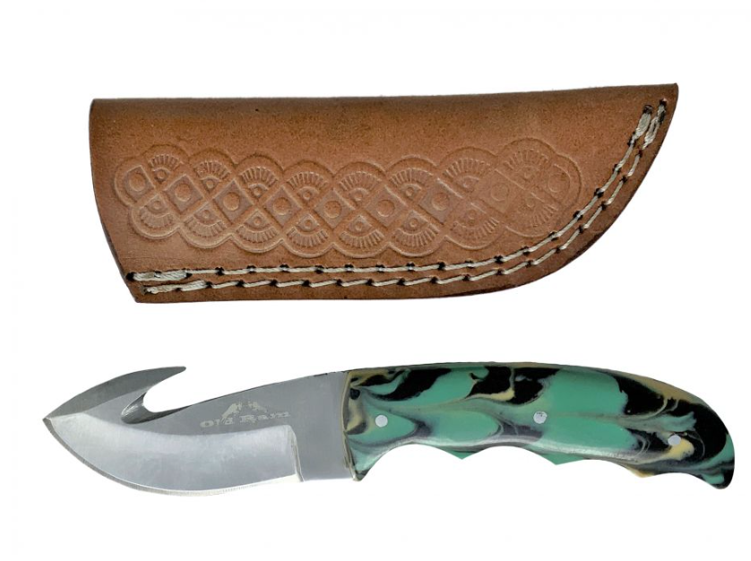 Old Ram Gut Hook Blade Skinning /Hunting Knife with Leather Sheath