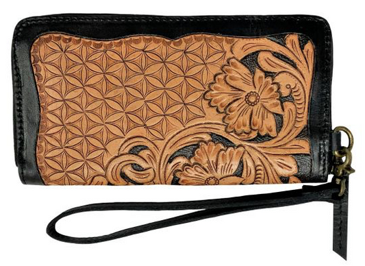 Showman Genuine Leather Clutch Wristlet with floral basket weave tooling