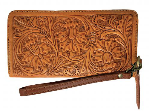 Showman Genuine Leather Clutch Wristlet with floral tooling