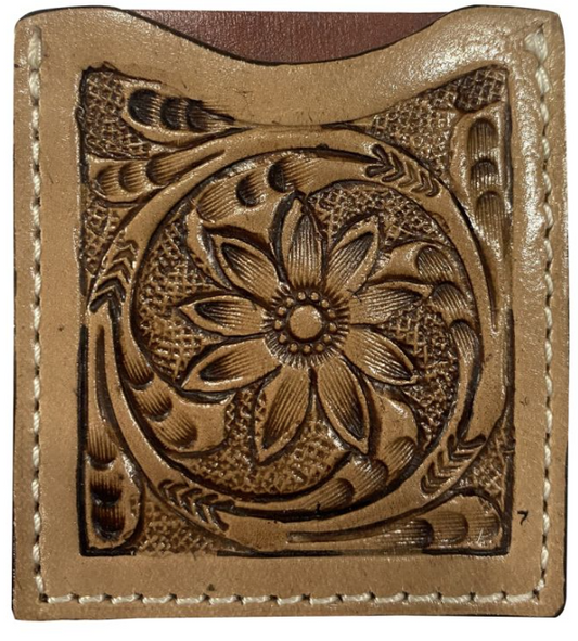 Stick On Floral Tooled Leather Cell Phone Card Wallet