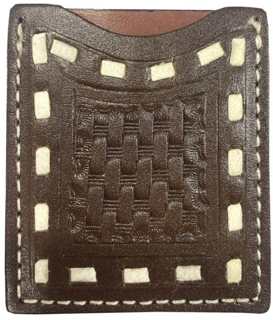 Stick On Basket Tooled Dark Leather Cell Phone Card Wallet