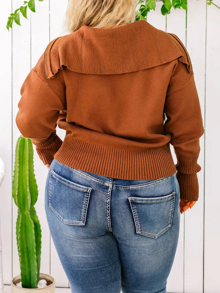 Solid Ribbed Trim Plus Size Zip Collar Sweater