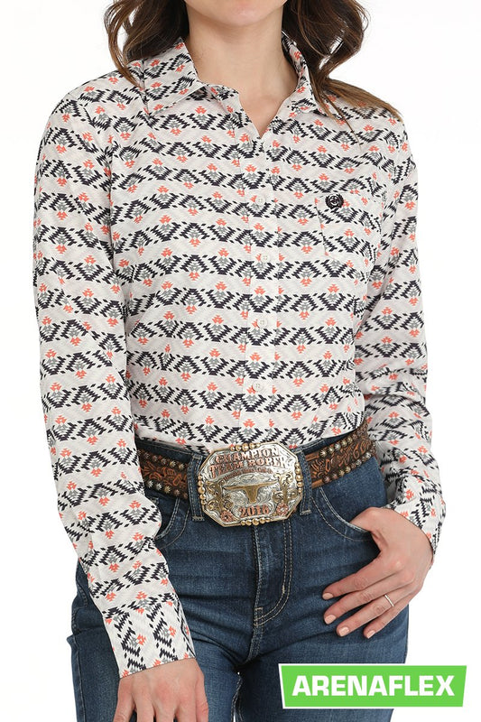 Women's Southwestern Print Button-Down Western Shirt- White