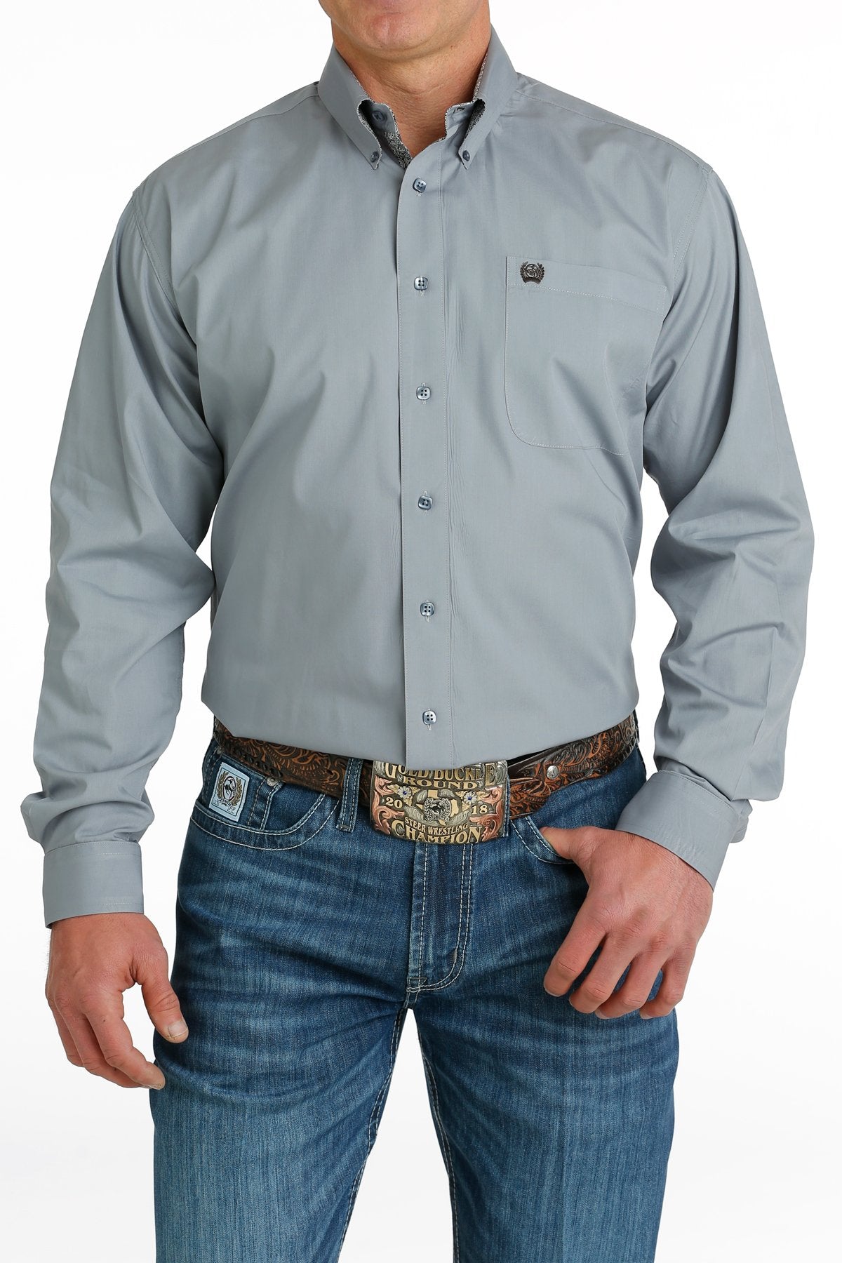 Men's Solid Grey Button Down Western Shirt with Printed Cuffs