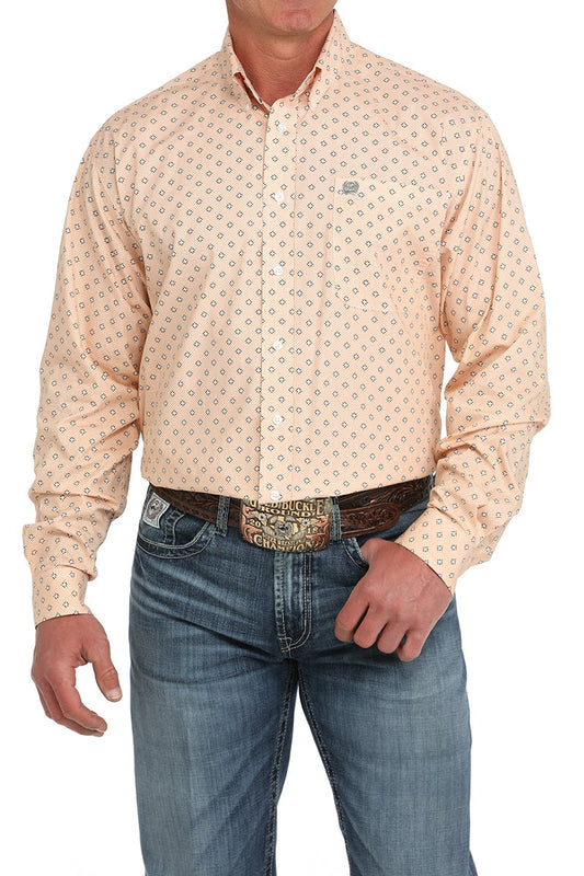 Men's Geometric Print Button-Down Western Shirt-Orange